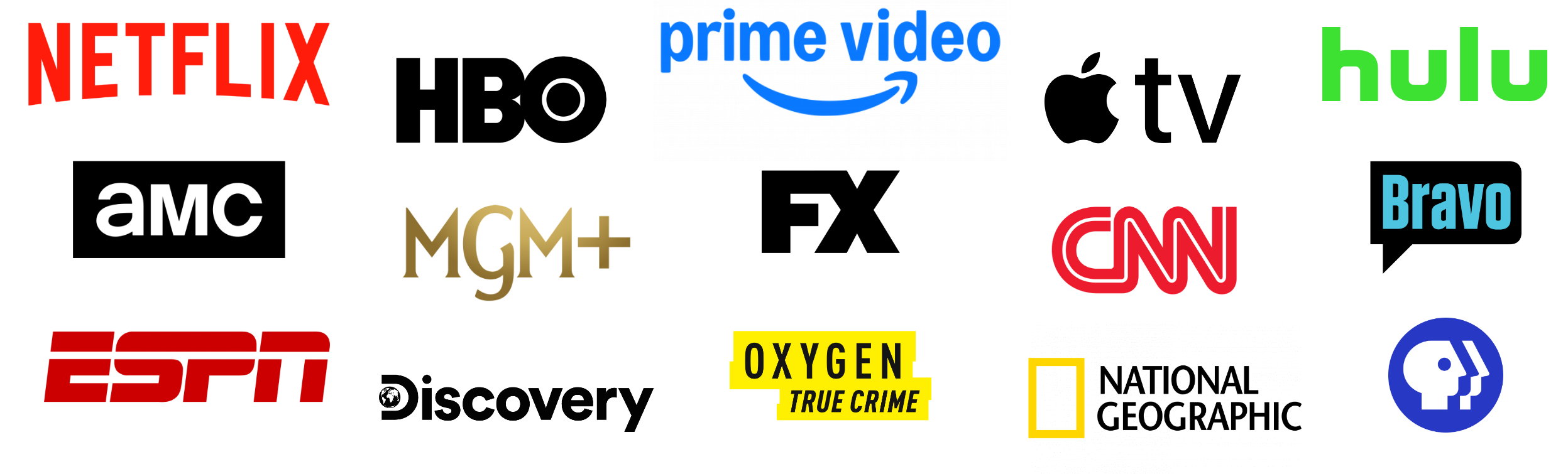 Collection of logos for networks including Netflix, Prime Video, AMC, Bravo, CNN, Oxygen, and PBS.