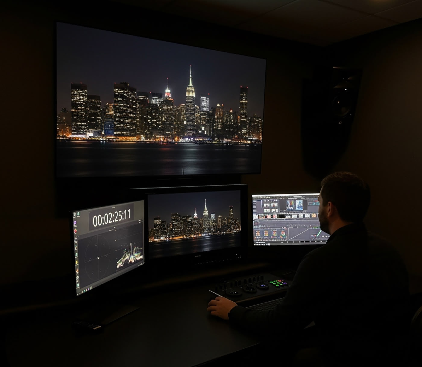 An editor in a dark room works on a color correction project.