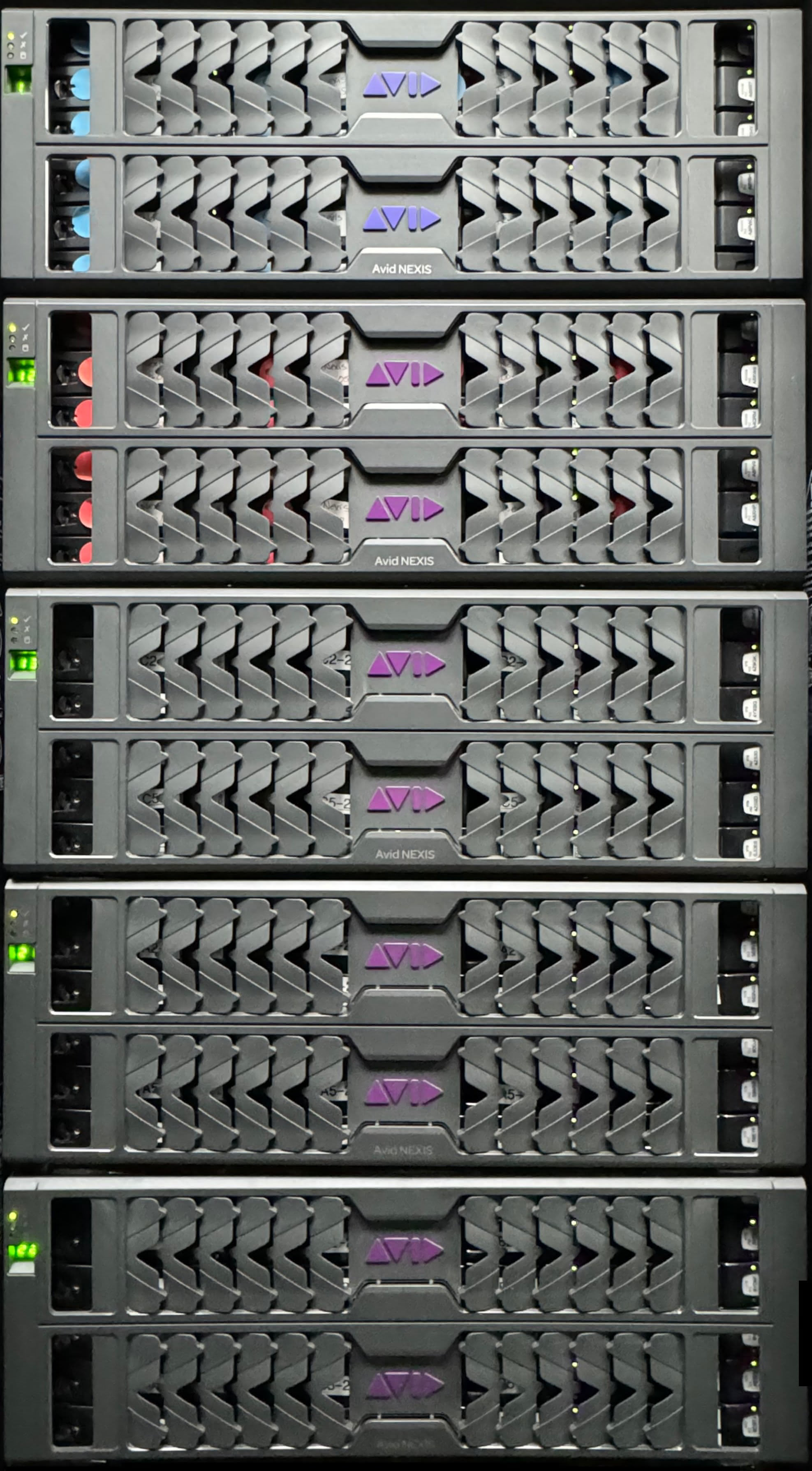 A server rack with multiple Avid NEXIS storage servers.